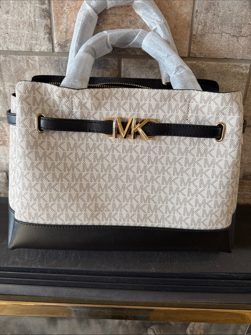 Michael Kors Reed Cream and Black Logo Satchel with Gold MK Accent